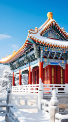 中国传统亭子积雪摄影图片