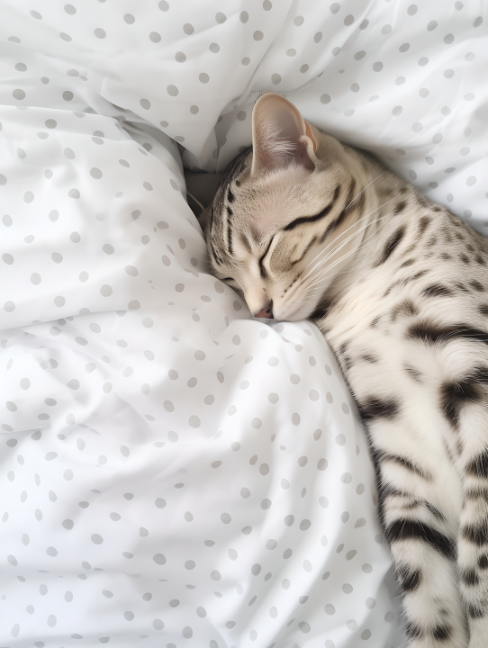 白被子上小猫沉睡摄影图版权图片下载
