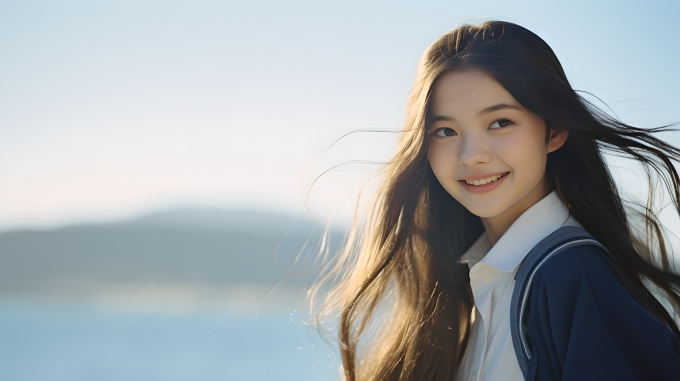 海边白裙少女近景摄影图片