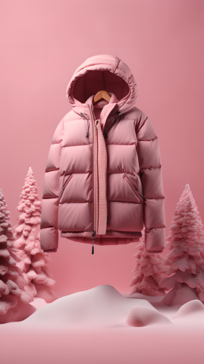 冬天背景下的浅粉色羽绒服摄影图版权图片下载