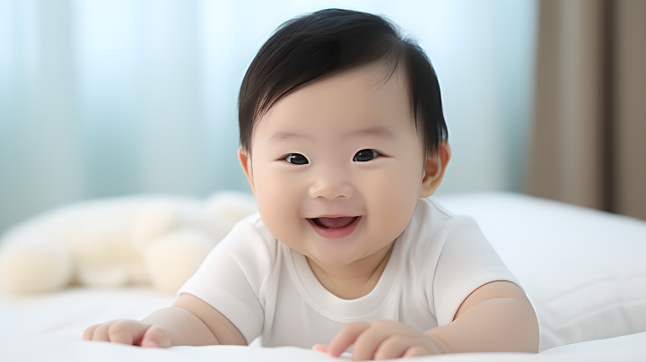 可爱百天婴儿在床上微笑版权图片下载