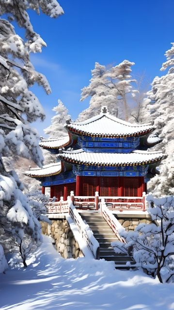 白雪亭台冬日摄影图片