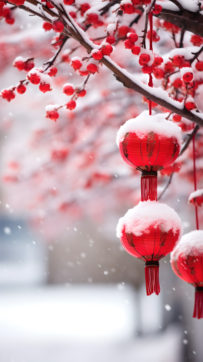 红灯笼悬挂在雪天的树枝上摄影图版权图片下载