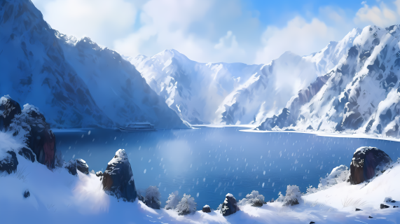 长白山冬日天池雪景摄影图