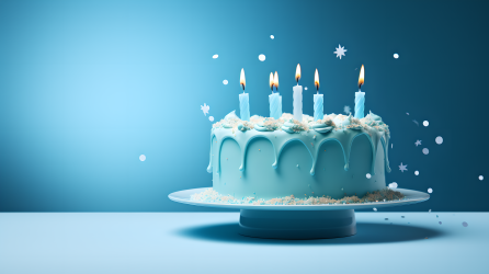 蓝色背景下的生日蛋糕摄影图片