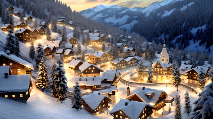 雪中瑞士风情冬日小镇摄影版权图片下载