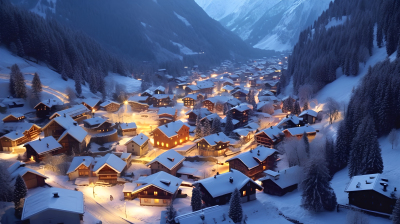 雪中小镇乡村之光摄影图