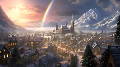 小镇雪景唯美彩虹摄影图