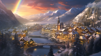 瑞士风格的村庄在雪中照亮摄影图