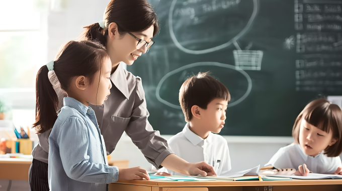 教室里的老师与孩子摄影图片