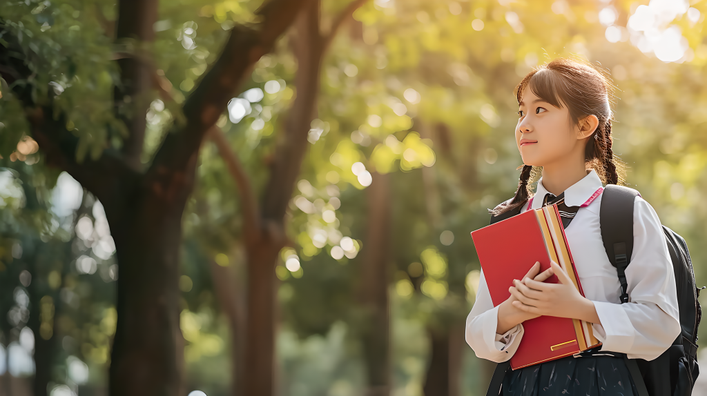 校服女生走向学校的摄影图片