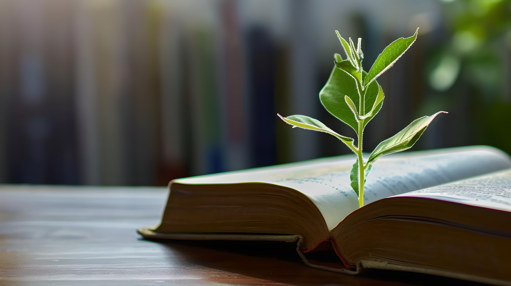 桌上绿色幼苗和书籍摄影图片