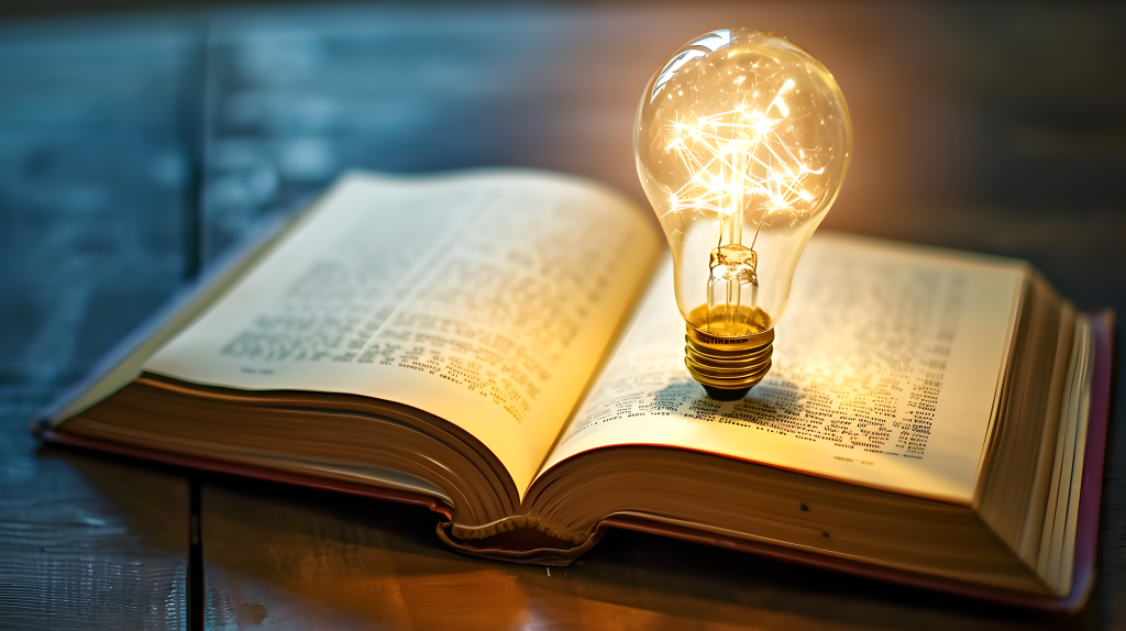 书籍和发光灯泡摄影版权图片下载