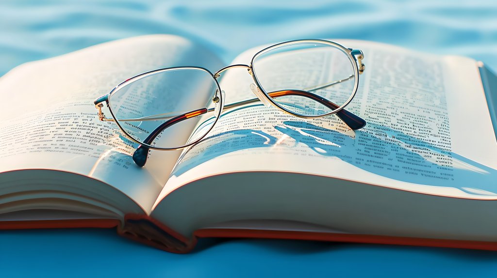 翻开的书本上放置眼镜摄影版权图片下载