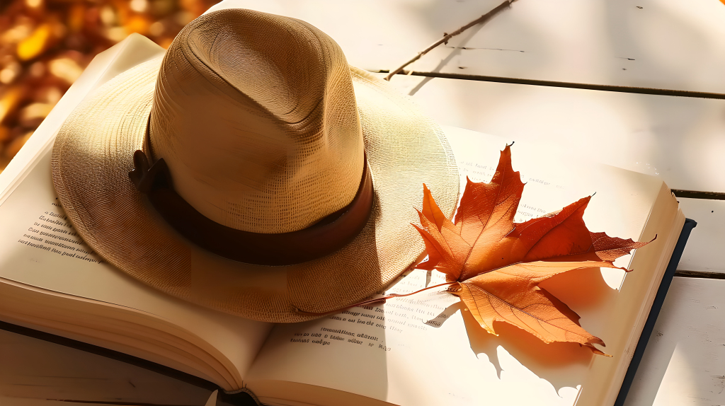 书籍上的帽子枫叶摄影图片