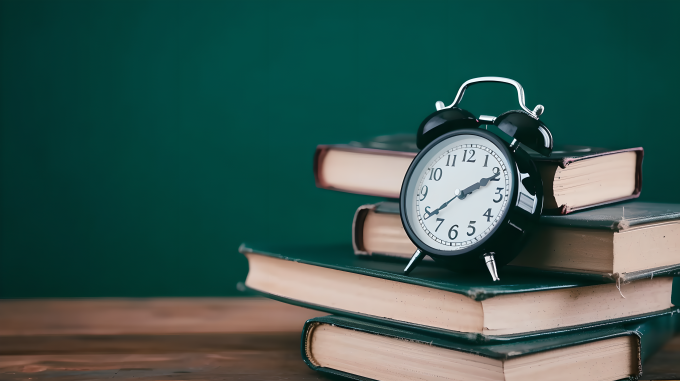 书籍上的黑色闹钟摄影图片