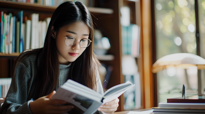 大学生在书桌上阅读摄影图片