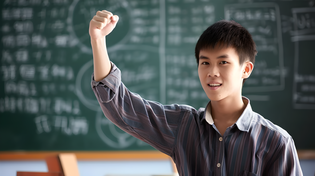 大学生黑板前举拳摄影图片