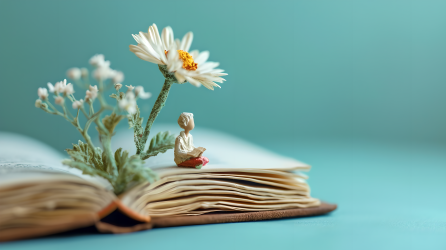 书籍花卉旁的微型人摄影图片