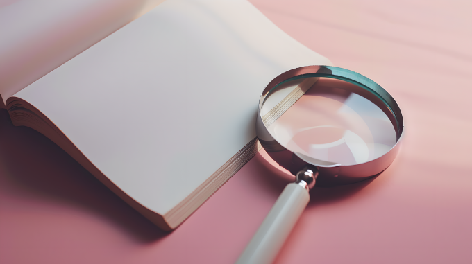空白书本和放大镜摄影图片