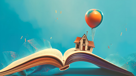 书籍房子和气球摄影图片