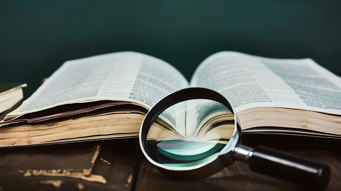 展开的书本与放大镜摄影图
