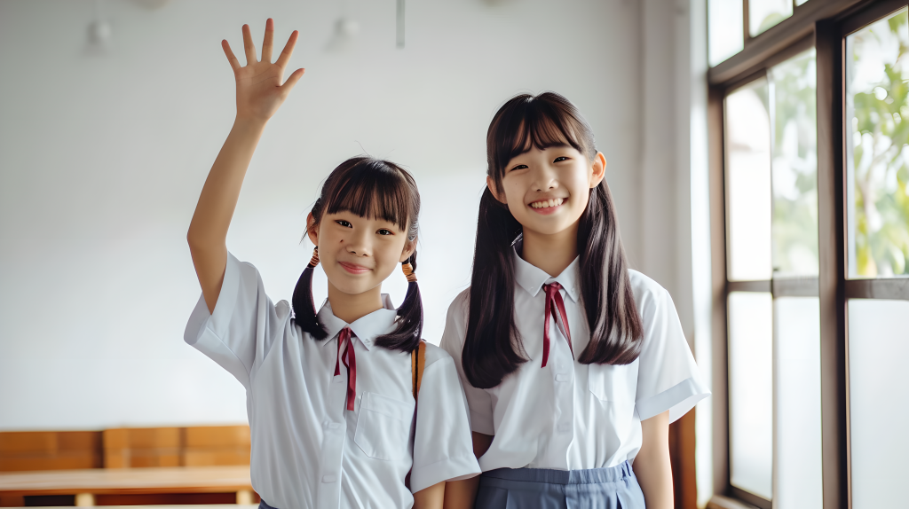 小学生举手微笑摄影图片