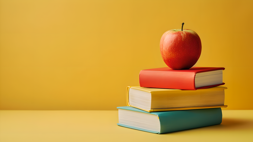 书堆和红苹果摄影图片