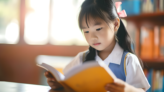 小女孩在干净教室内看书摄影图