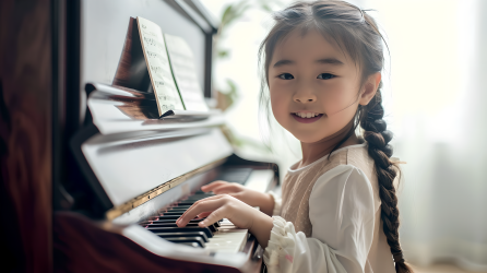小女孩弹钢琴微笑摄影图片