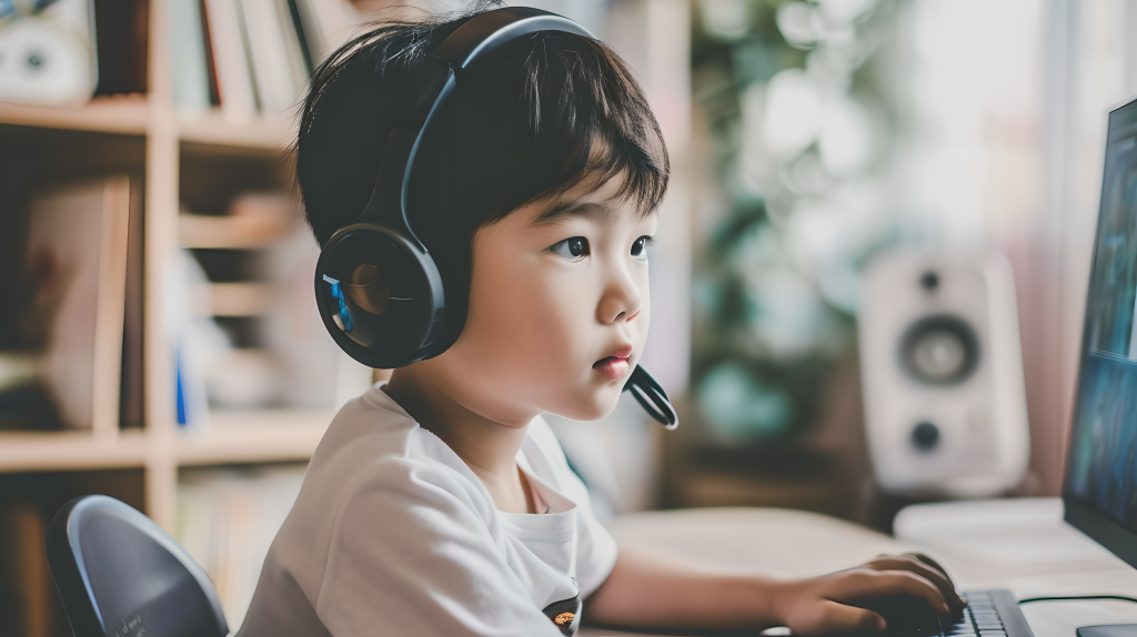 戴耳机男孩上课摄影图片