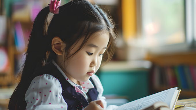 小女孩教室内读书摄影图片
