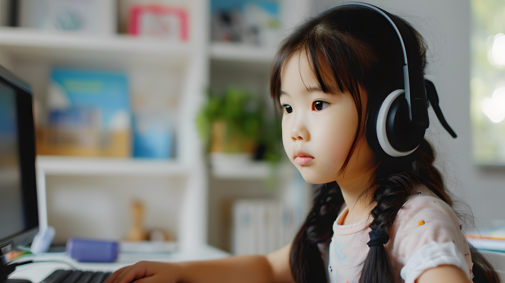 戴耳机女孩线上上课摄影图片