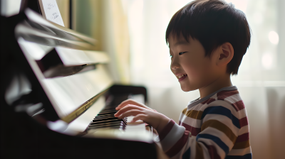 小男孩弹钢琴认真表演摄影图片