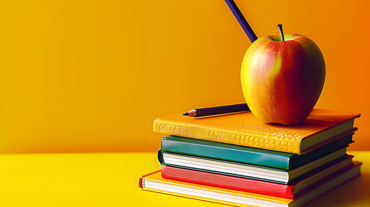 书堆苹果在黄色背景上摄影版权图片下载