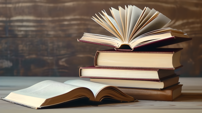 书堆和黑板摄影图片