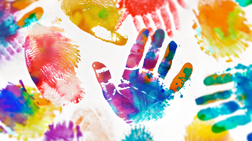 彩色手掌印童趣印记摄影图片
