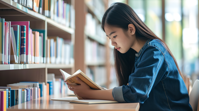 图书馆阅读的高中女生摄影图片