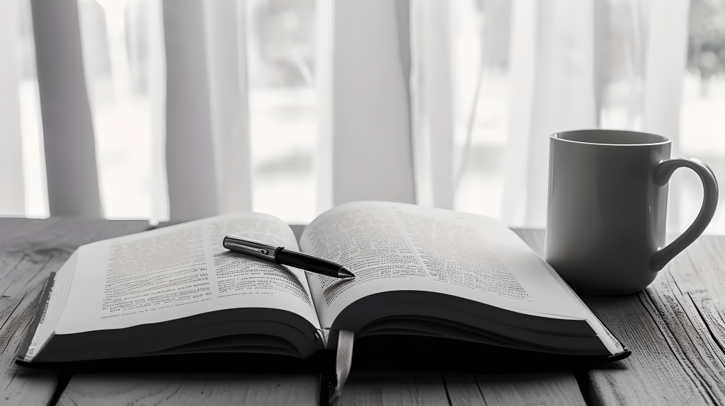 书桌上翻开的书本摄影图片