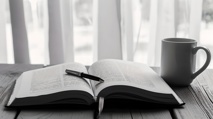 书桌上翻开的书本摄影图片