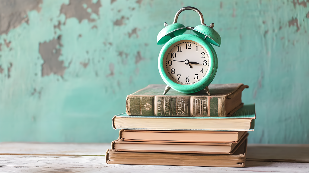 绿色闹钟和书堆摄影版权图片下载