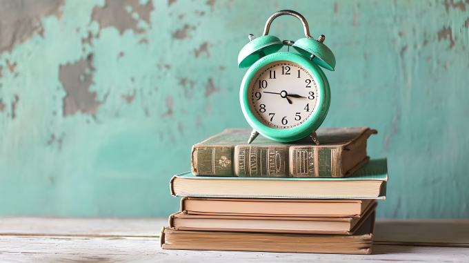 绿色闹钟和书堆摄影图片