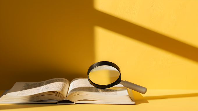 翻开的书籍放大镜黄色背景摄影图片