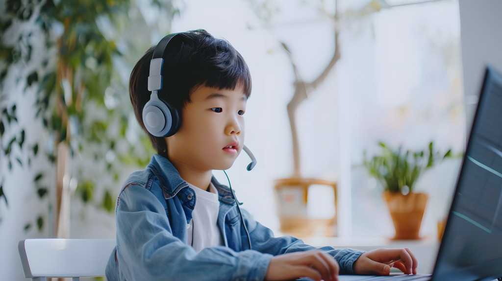 戴耳机男孩线上学习摄影图片