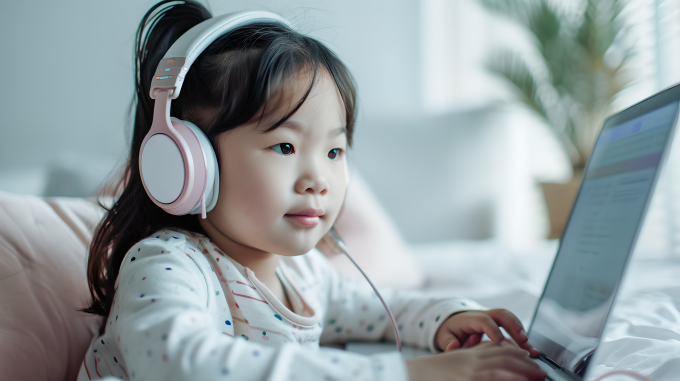 戴耳机女孩听课摄影图