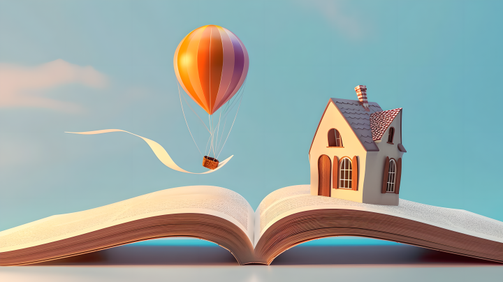 书籍上的房屋与气球摄影版权图片下载