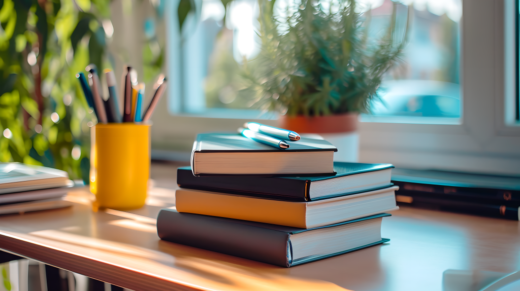 书本书桌绿植摄影图