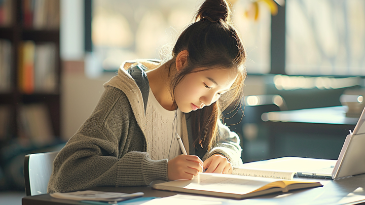 女大学生在课桌旁写作业版权图片下载