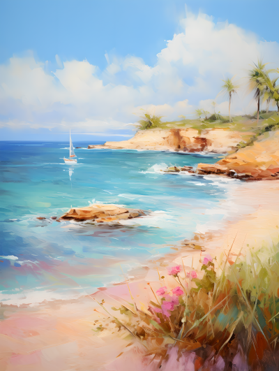 海边风景油画清新色彩图片