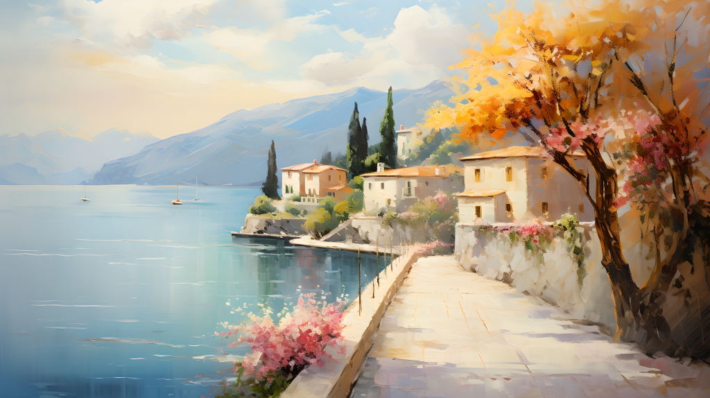 海边风景油画细腻笔触图片